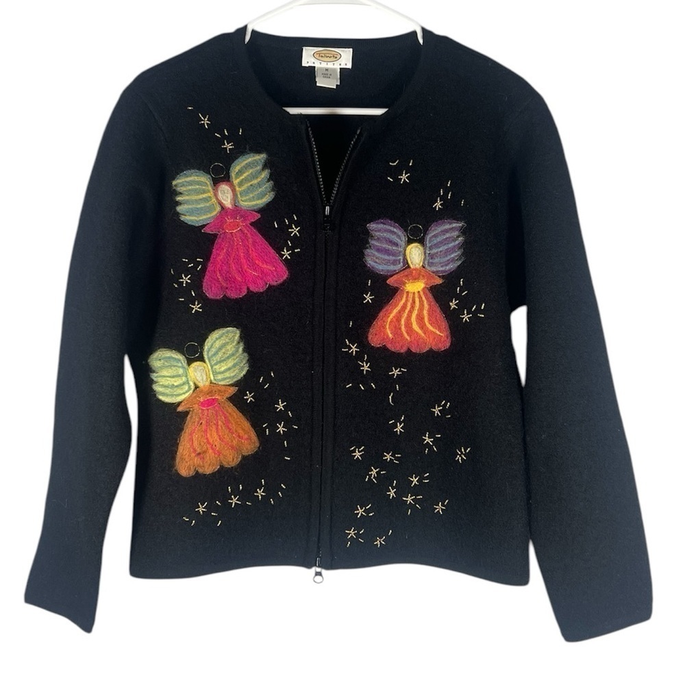 Talbots Petites 100% Wool Angel Embroidered Sweater Medium